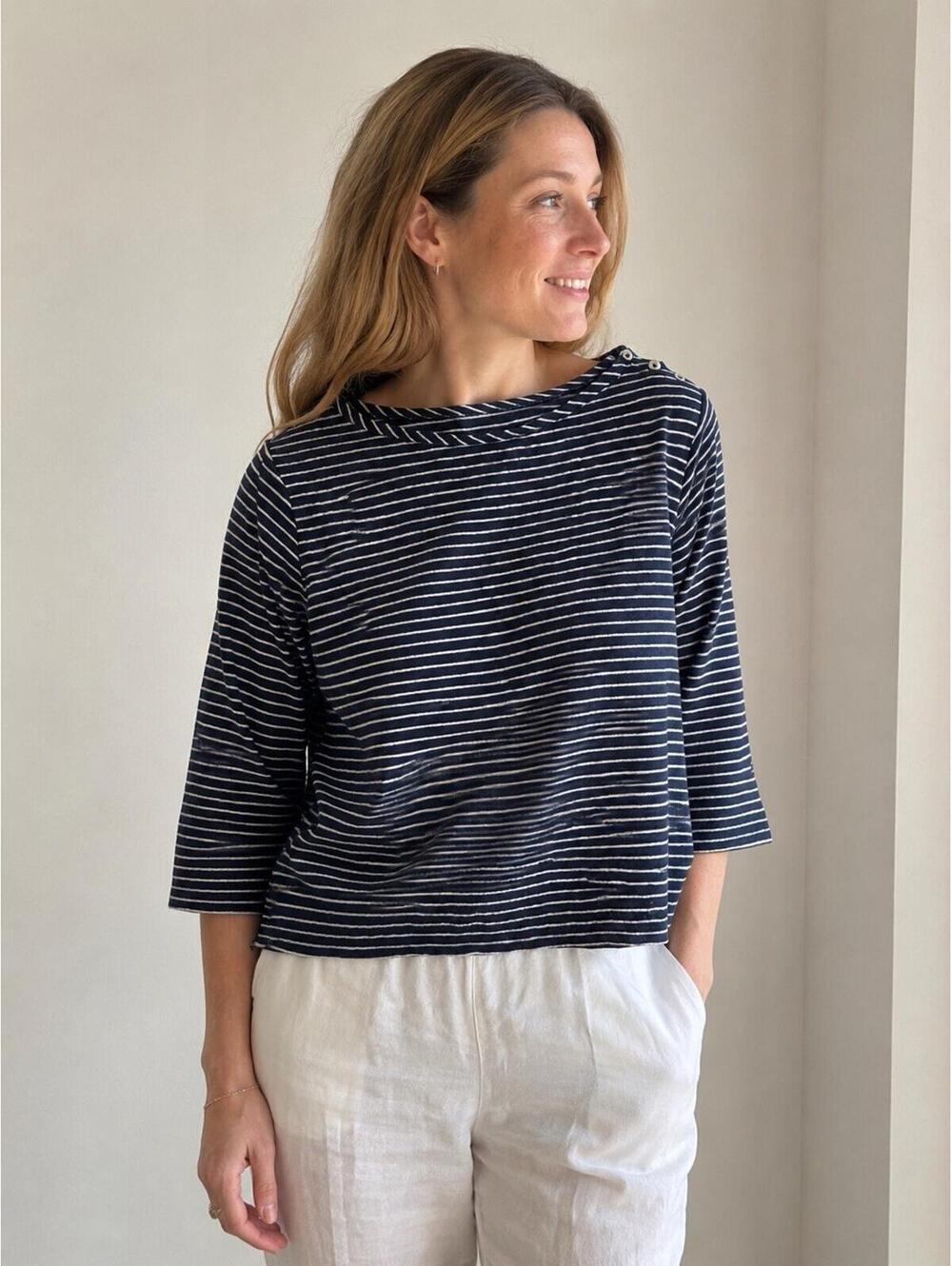 Poetry 100% Linen Stretch Knit Wmn’s 10 Boxy Striped Lightweight Minimalist Top